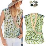 CAbi  Butterfly Blouse Womens Size Small Short Sleeve Sheer Faux Wrap V-Neck Top Photo 1