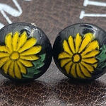 Vintage 60s Yellow Daisy Cabochon Stud Earrings Stainless Steel Black Photo 0