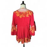 Free People  Red Floral Bell Sleeve Tunic Top Size M Bohemian Photo 1