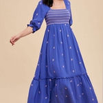 In Bloom EMMIE EMBROIDERED MAXI DRESS Blue Pink Large Cottagecore boho FP Photo 0