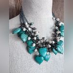 Freshwater Pearl & Faux Turqouise Hearts Glass Bead Chunky Bib‎ Fringe Necklace Green Photo 1