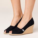 Toms Women's Black Twill Classic Wedge Sandals Cork Heel Peep Toe Shoes Size 8 Photo 0