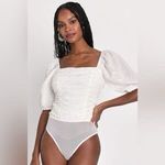 Lulus ✨ Think of Me Ivory Swiss Dot Ruched Sz Medium Bodysuit✨ Photo 2
