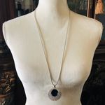 Faceted round royal blue glass stone rhinestone medallion amulet long necklace Photo 2
