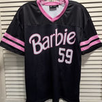 Barbie Black/Pink Short Sleeve Jersey Top Size Small V Neck Lined Mattel Graphic Pink Photo 0
