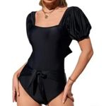 Exlural EXLURA Womens Tie Back One Piece Swimsuit Puff Short Sleeve Square Neck Swimwear Photo 3