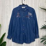 Christine Alexander Bedazzled Cat Button Down Chambray Denim Shirt size M Medium Blue Photo 0