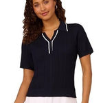 Adrianna Papell Navy Ribbed Knit Polo Shirt White Trim Short Sleeve Womens Small Photo 0