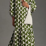 Maeve by Anthropologie The Bettina Tiered Shirt Dress Green & White Triangles XS Photo 0