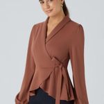 Halara Shawl Collar Wrapped Tie Side Ruffle Hem Work Blouse Photo 0