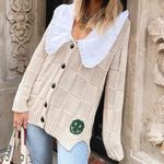 Ganni  Rope Knit Checkerboard Smiley Beige Cardigan Large Collared Preppy Italy Photo 1