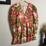 NEW AMUR‎ Dress Floral Tropical Puff Sleeve Mini Dress Red Size 8 Photo 3