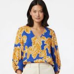 CROSBY by Mollie Burch  Blue Orange Floral V-Neck 3/4 Sleeve Blouse Size XS Photo 0