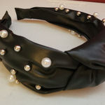 Faux Vegan Leather Knot Headband w/ Pearl‎ & Silver Tone Bead Accents Black Photo 0