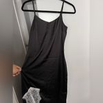Elegant Black Satin Slip Dress with Lace Trim Photo 2