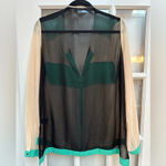 BCBGMAXAZRIA Cream Teal Black Color Block Front Zip Sheer Blouse Size XL Photo 3