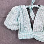 ZARA Gingham Tie Back Cropped Top Size XL Green Seersucker Puff Sleeve V-Neck Photo 2