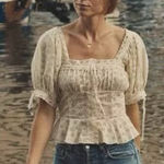 DOEN 🏹Docia Top Nutmilk EUC Cream eyelet puff sleeve top bow ribbon size small White Photo 0