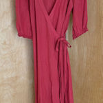 Madewell Red Linen Blend Wrap Midi Dress Puff Sleeve Tie Waist XS Photo 0