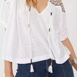 Free People Market Embroidered White V-Neck Tee Top Boho Flowy Medium Photo 0