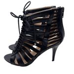 Nine West Size 7 Strappy Lace-Up 3.5" High Wood Heel Sandals Back Zipper Black Photo 4