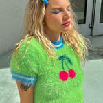 Kimchi Blue New UO Green Sort Fuzzy Cherry Babydoll Y2K Sweater Crop Top Medium Photo 0