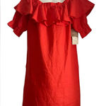 Lucy & Laurel  Bright Coral Linen dress, off shoulder, puff sleeve, pockets XL Photo 0