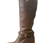 Prada Dark Brown Leather Signature Golden Logo Knee Length Boots Photo 0