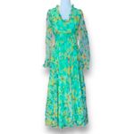 Vintage 70s Green Floral Chiffon Maxi Dress Ruffle Neckline Sheer Sleeves Flowy Photo 2