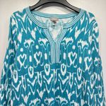 Chico's Chico’s Turquoise and White Ikat Striped Trim Lightweight Cotton Tunic Sweater Photo 2