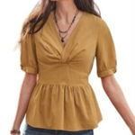 Sundance Anna Corduroy Mustard Peplum Babydoll V-Neck Top Size XS Photo 0