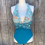 Cupshe Woman’s Teal Floral One Piece Swimsuit Elegant Size Large Beach Vacation Photo 2