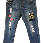 Tales Distressed Donald Duck Embroidered Character Skinny Ankle Jeans, Sz 28 Blue Photo 2