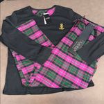 Ralph Lauren Lauren NWT 2 Piece Black Knit Top Pink Plaid Long Pant Pajamas Set Photo 1