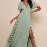 Lulus NWT  Promise Of Love Sage Brush Flutter Sleeve Maxi Dress Bridesmaid Size M Photo 0