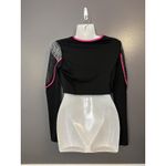 LOVE LOVE LOVE Shirt Womens Medium Black Pink Crop Top Mesh Fishnet Long Sleeve Photo 3
