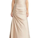 La Femme Gown Women's 8 Champagne Satin Off the Shoulder Ruched Trumpet Maxi Photo 0