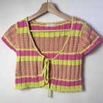 Urban Outfitters UO First Place Flyaway Cropped Sweater Pink Green Cardigan Short Sleeve Medium Photo 1