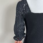 INC International Concepts Smocked Eyelet Puff Sleeve Square Neck Blouse Sz Sml‎ Black Photo 2