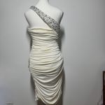 ABS Allen Schwartz ABS by Allen Schwartz Dress Women M Ivory Beaded One Shoulder Ruched Y2K Formal Photo 1