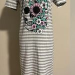 EUC Air Waves Grey and White Striped T Shirt Dress Floral Skull Graphic size XL Gray Photo 0