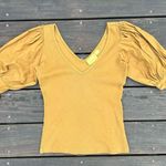 Maeve Mustard Yellow Gold  by Anthropologie Ribbed Top w/ Puff Bow Short Sleeves Photo 0