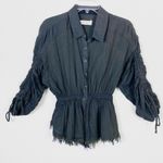 Free People Pacific Dawn Dark Grey Distressed Fitted Waist Scrunched Sleeve Top Photo 3