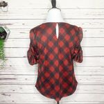 Red Plaid Ruched Sleeve Blouse Top Size Small Holiday Academia Preppy Office Photo 4