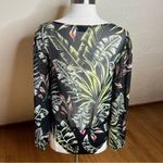 ZARA Black Green Tropical Long Sheer Sleeves Bodysuit Lace Up Medium Photo 6