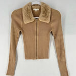 Ultra Flirt Stretch Ribbed Fitted Long Sleeve Zip Front Faux Fur Collar Sweater Photo 0