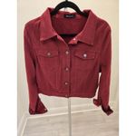 Allegra K  Size XL Cropped Denim Jacket Maroon Buffalo Plaid Cuff Retro Trucker Photo 1