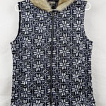 Talbots Women's Vest Medium Blue White Fair Isle Knit Faux Fur Collar Zip Front Photo 0