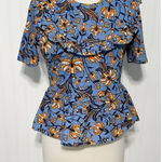 ZARA  Exaggerated Ruffle Floral Print Blouse Top Short Sleeve‎ Blue Orange Small Photo 0
