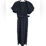 Entro Black Satin Bubble Puff Sleeves Faux Wrap Dress High Low Hem Belt‎ Midi S Photo 4